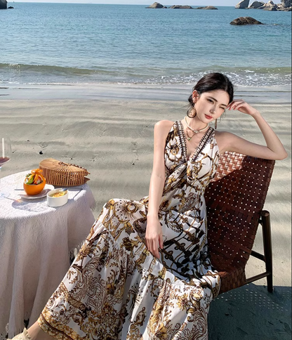 Beach Vacation Baroque Printed Maxi Dress Retro V-Neck Sleeveless Long Dress AP1224