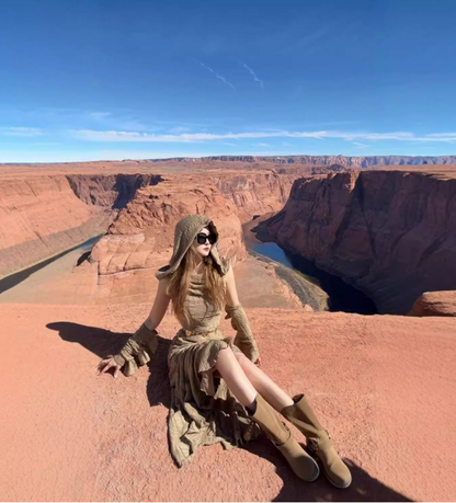 Vintage Ruffled Hem Detachable Sleeves Maxi Dress Edgy Hooded Hi-Lo Hem Long Dress AP1225