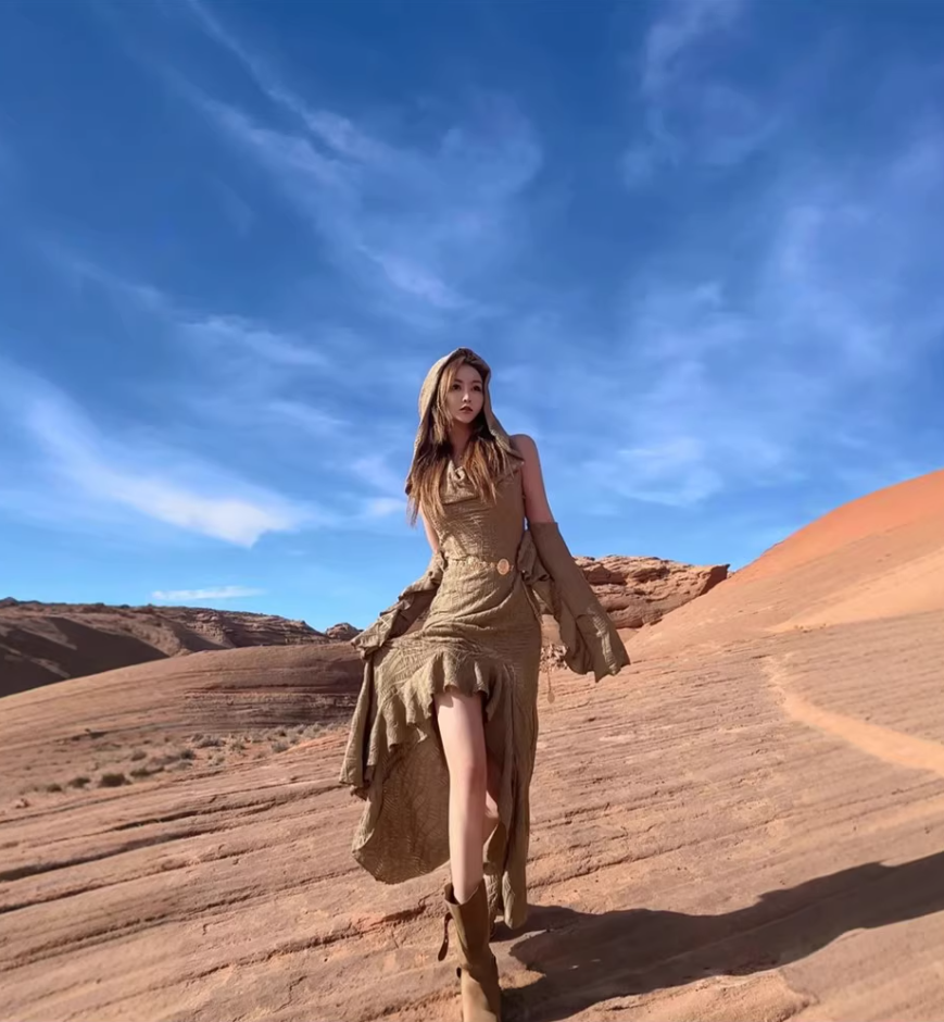 Vintage Ruffled Hem Detachable Sleeves Maxi Dress Edgy Hooded Hi-Lo Hem Long Dress AP1225