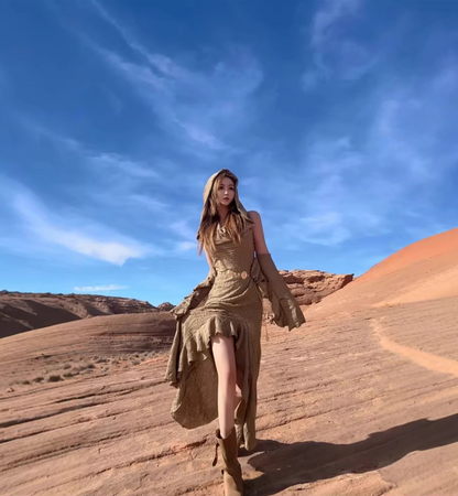 Vintage Ruffled Hem Detachable Sleeves Maxi Dress Edgy Hooded Hi-Lo Hem Long Dress AP1225