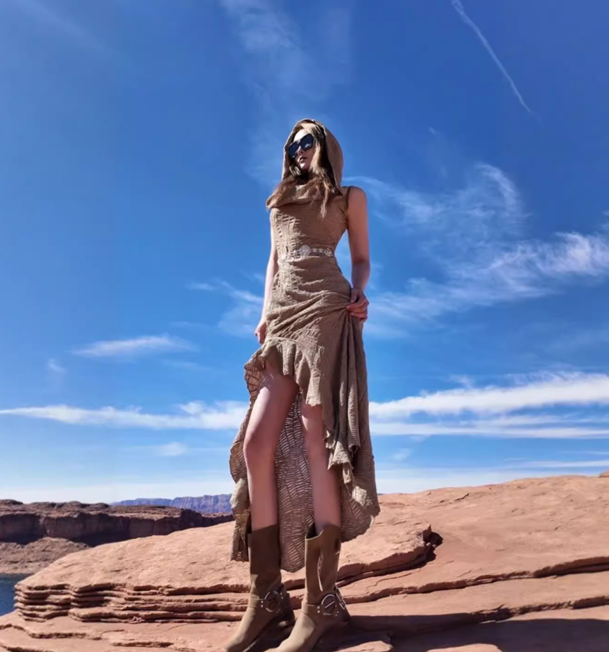 Vintage Ruffled Hem Detachable Sleeves Maxi Dress Edgy Hooded Hi-Lo Hem Long Dress AP1225