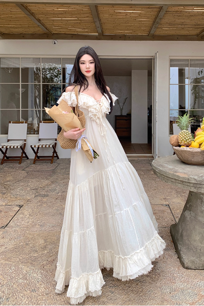 Dreamy White Ruffled Hem Off-Shoulder Maxi Dress Elegant Adjustable Strap Flowy Long Dress AP1226