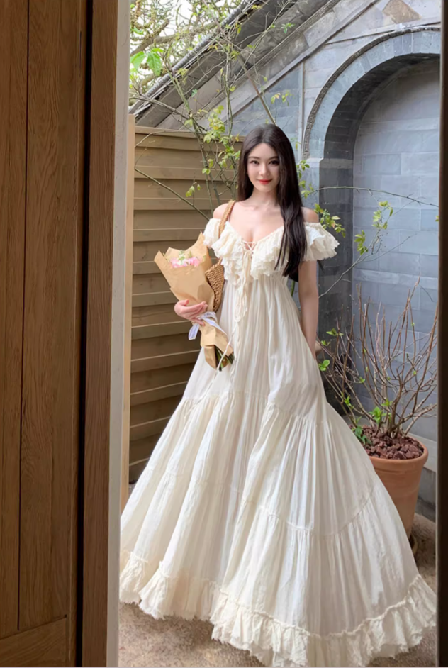 Dreamy White Ruffled Hem Off-Shoulder Maxi Dress Elegant Adjustable Strap Flowy Long Dress AP1226