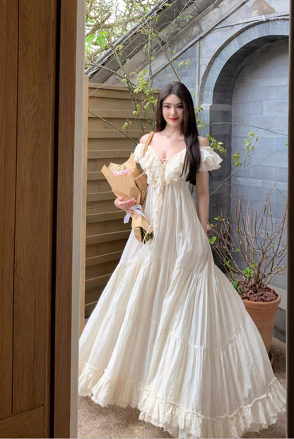 Dreamy White Ruffled Hem Off-Shoulder Maxi Dress Elegant Adjustable Strap Flowy Long Dress AP1226