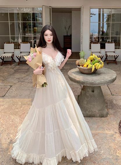 Dreamy White Ruffled Hem Off-Shoulder Maxi Dress Elegant Adjustable Strap Flowy Long Dress AP1226