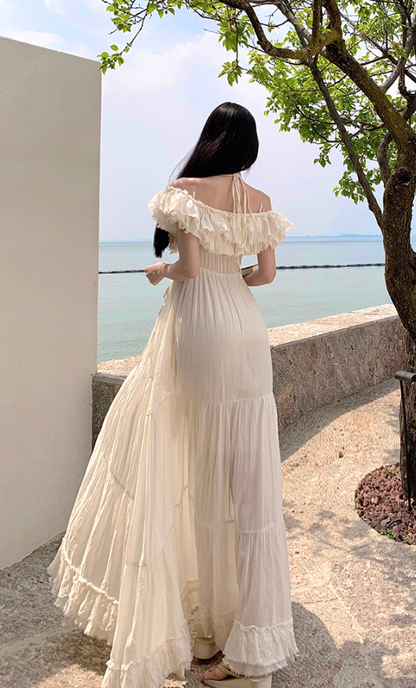 Dreamy White Ruffled Hem Off-Shoulder Maxi Dress Elegant Adjustable Strap Flowy Long Dress AP1226