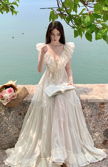 Dreamy White Ruffled Hem Off-Shoulder Maxi Dress Elegant Adjustable Strap Flowy Long Dress AP1226