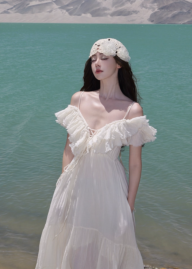 Dreamy White Ruffled Hem Off-Shoulder Maxi Dress Elegant Adjustable Strap Flowy Long Dress AP1226