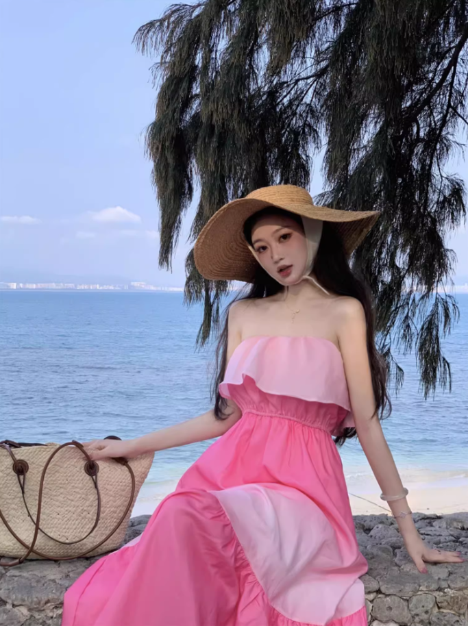 Cute Pink Gradient Flowy Maxi Dress Elegant Strapless Ruffles Neckline Long Dress AP1227