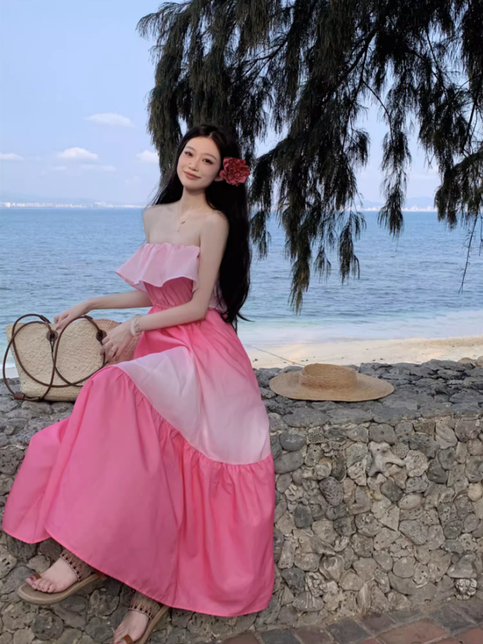 Cute Pink Gradient Flowy Maxi Dress Elegant Strapless Ruffles Neckline Long Dress AP1227