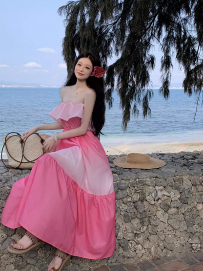 Cute Pink Gradient Flowy Maxi Dress Elegant Strapless Ruffles Neckline Long Dress AP1227