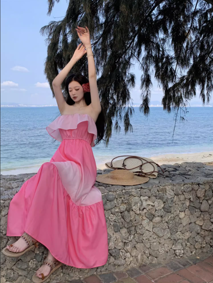 Cute Pink Gradient Flowy Maxi Dress Elegant Strapless Ruffles Neckline Long Dress AP1227