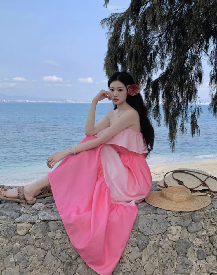 Cute Pink Gradient Flowy Maxi Dress Elegant Strapless Ruffles Neckline Long Dress AP1227