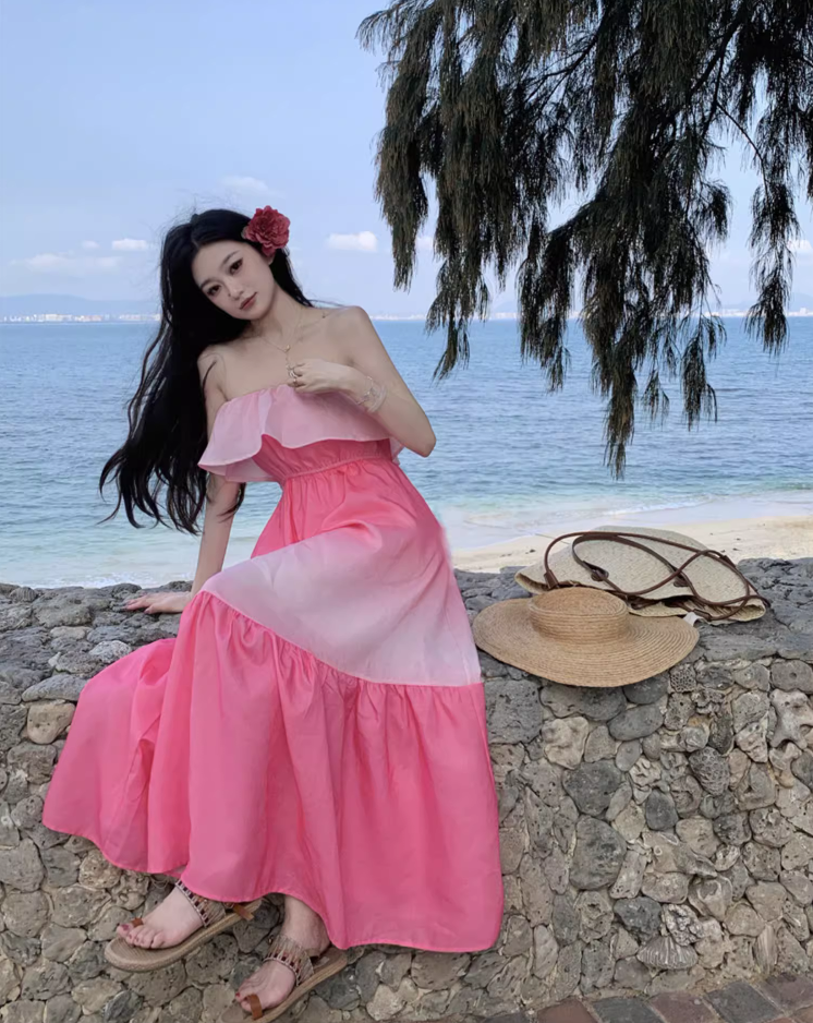 Cute Pink Gradient Flowy Maxi Dress Elegant Strapless Ruffles Neckline Long Dress AP1227