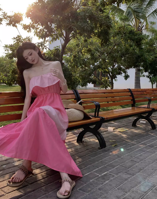 Cute Pink Gradient Flowy Maxi Dress Elegant Strapless Ruffles Neckline Long Dress AP1227