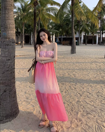 Cute Pink Gradient Flowy Maxi Dress Elegant Strapless Ruffles Neckline Long Dress AP1227