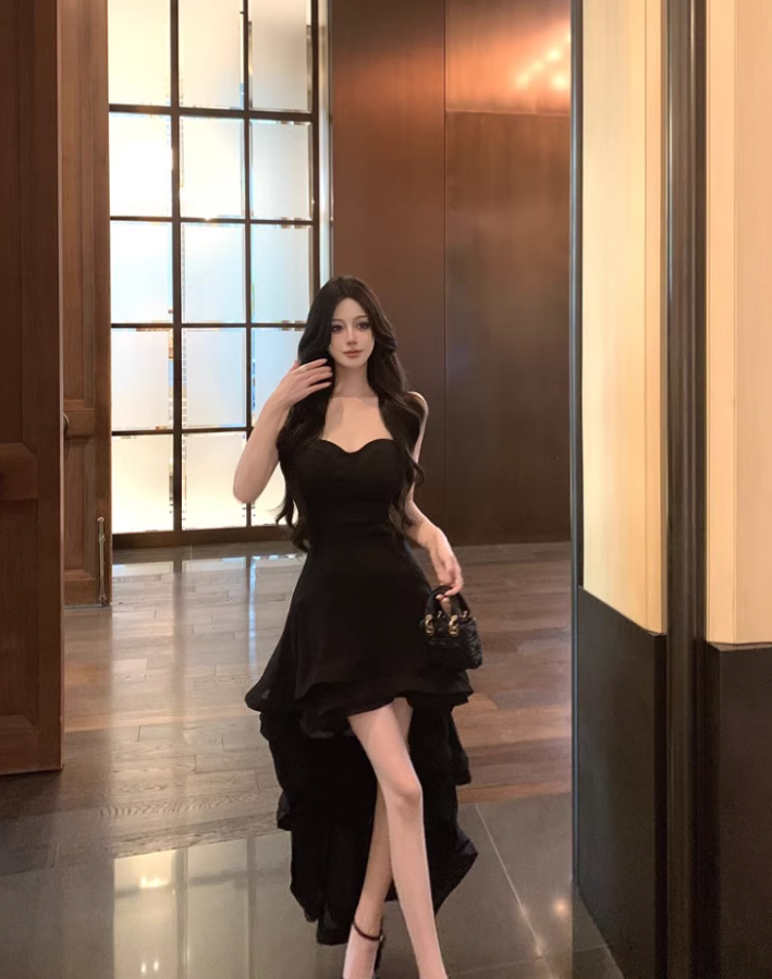Sexy Hi-Lo Asymmetric Hem Black Maxi Dress Chic Strapless LBD Ruffled A-Line Long Dress AP1228