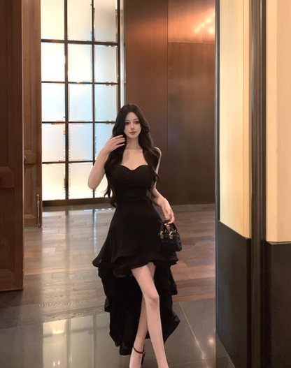 Sexy Hi-Lo Asymmetric Hem Black Maxi Dress Chic Strapless LBD Ruffled A-Line Long Dress AP1228