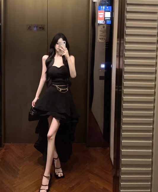 Sexy Hi-Lo Asymmetric Hem Black Maxi Dress Chic Strapless LBD Ruffled A-Line Long Dress AP1228