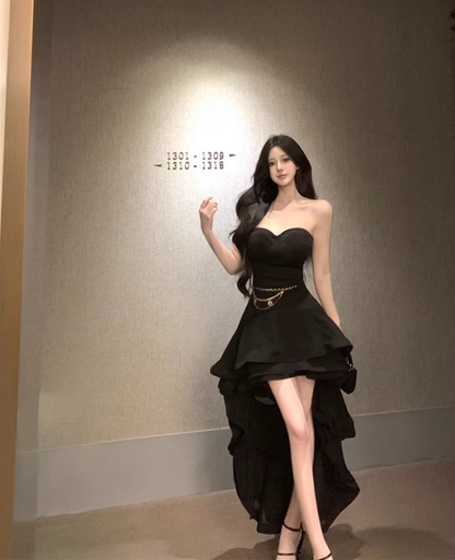 Sexy Hi-Lo Asymmetric Hem Black Maxi Dress Chic Strapless LBD Ruffled A-Line Long Dress AP1228