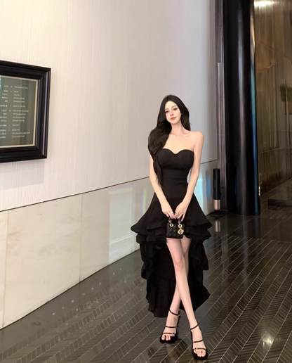 Sexy Hi-Lo Asymmetric Hem Black Maxi Dress Chic Strapless LBD Ruffled A-Line Long Dress AP1228