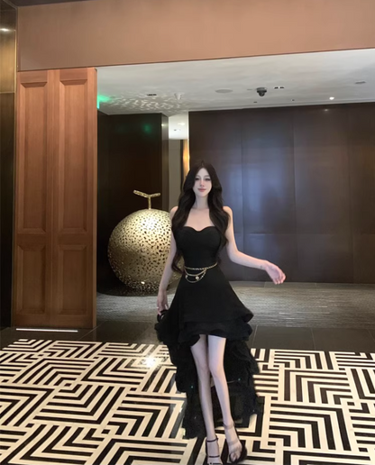 Sexy Hi-Lo Asymmetric Hem Black Maxi Dress Chic Strapless LBD Ruffled A-Line Long Dress AP1228