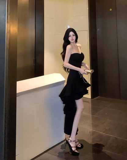 Sexy Hi-Lo Asymmetric Hem Black Maxi Dress Chic Strapless LBD Ruffled A-Line Long Dress AP1228