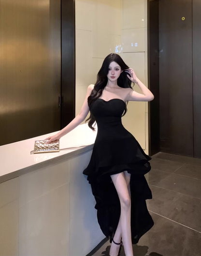 Sexy Hi-Lo Asymmetric Hem Black Maxi Dress Chic Strapless LBD Ruffled A-Line Long Dress AP1228