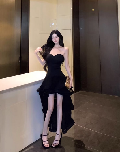 Sexy Hi-Lo Asymmetric Hem Black Maxi Dress Chic Strapless LBD Ruffled A-Line Long Dress AP1228