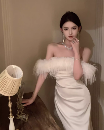 Luxurious Off-Shoulder Ivory Mermaid Maxi Dress Charming Feather-Trimmed Long Dress AP1229