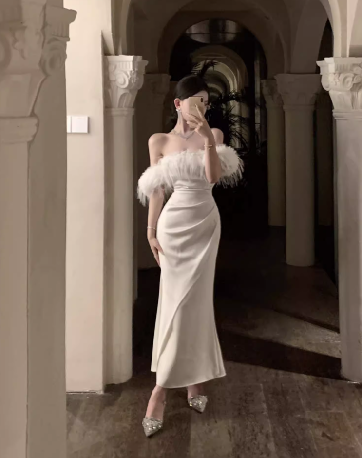 Luxurious Off-Shoulder Ivory Mermaid Maxi Dress Charming Feather-Trimmed Long Dress AP1229