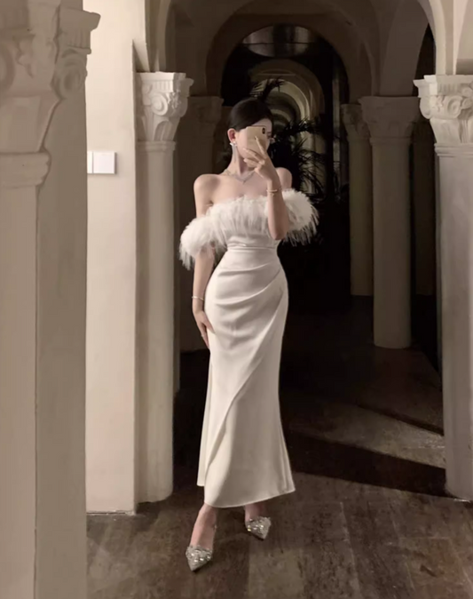 Luxurious Off-Shoulder Ivory Mermaid Maxi Dress Charming Feather-Trimmed Long Dress AP1229