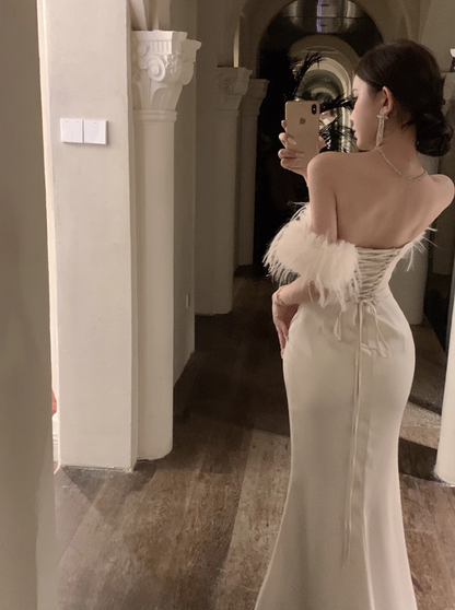 Luxurious Off-Shoulder Ivory Mermaid Maxi Dress Charming Feather-Trimmed Long Dress AP1229