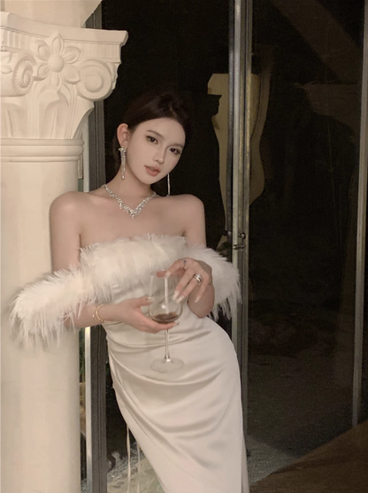 Luxurious Off-Shoulder Ivory Mermaid Maxi Dress Charming Feather-Trimmed Long Dress AP1229