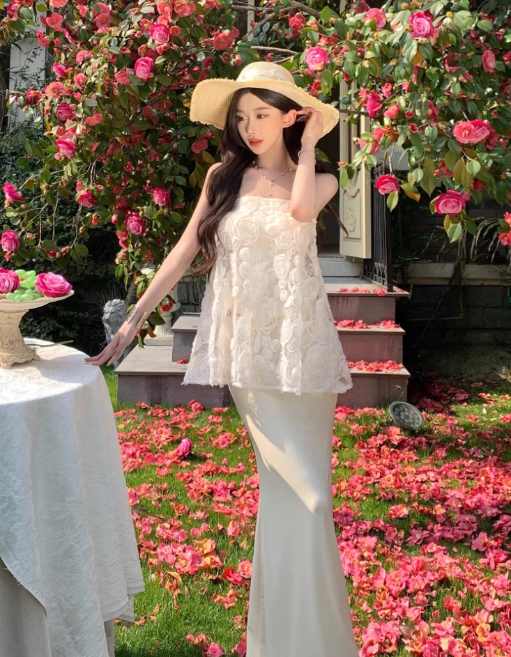 Graceful Cream Lace Splicing Evening Mermaid Maxi Dress Chic Satin Fabric Skirt Long Dress AP1230