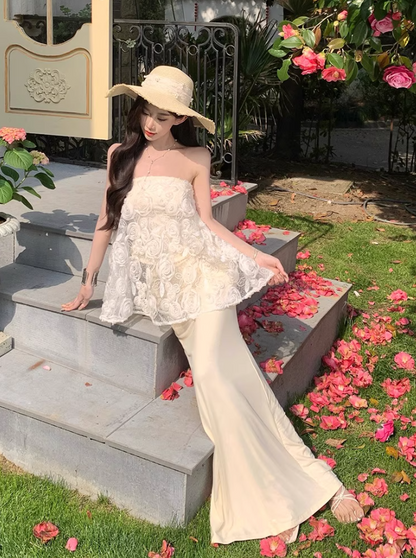 Graceful Cream Lace Splicing Evening Mermaid Maxi Dress Chic Satin Fabric Skirt Long Dress AP1230