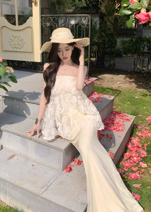 Graceful Cream Lace Splicing Evening Mermaid Maxi Dress Chic Satin Fabric Skirt Long Dress AP1230