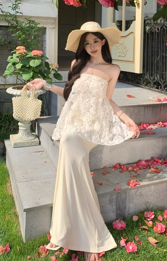 Graceful Cream Lace Splicing Evening Mermaid Maxi Dress Chic Satin Fabric Skirt Long Dress AP1230