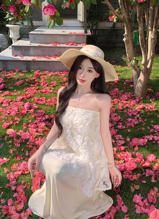 Graceful Cream Lace Splicing Evening Mermaid Maxi Dress Chic Satin Fabric Skirt Long Dress AP1230