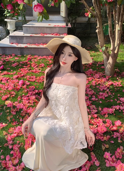 Graceful Cream Lace Splicing Evening Mermaid Maxi Dress Chic Satin Fabric Skirt Long Dress AP1230