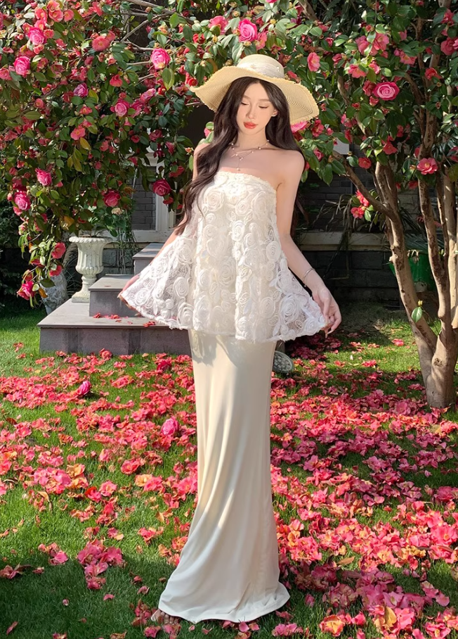 Graceful Cream Lace Splicing Evening Mermaid Maxi Dress Chic Satin Fabric Skirt Long Dress AP1230