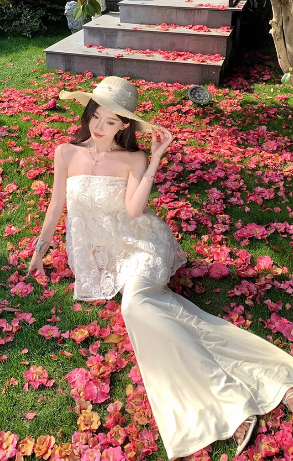 Graceful Cream Lace Splicing Evening Mermaid Maxi Dress Chic Satin Fabric Skirt Long Dress AP1230