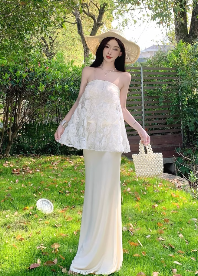 Graceful Cream Lace Splicing Evening Mermaid Maxi Dress Chic Satin Fabric Skirt Long Dress AP1230
