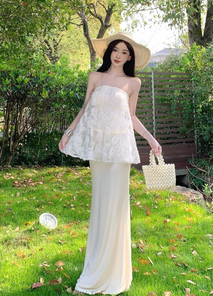 Graceful Cream Lace Splicing Evening Mermaid Maxi Dress Chic Satin Fabric Skirt Long Dress AP1230