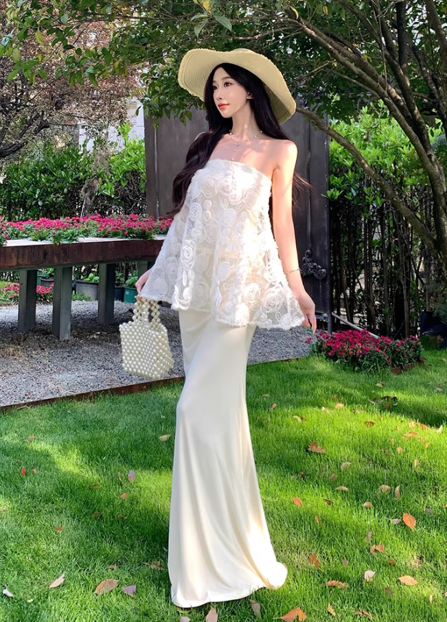 Graceful Cream Lace Splicing Evening Mermaid Maxi Dress Chic Satin Fabric Skirt Long Dress AP1230