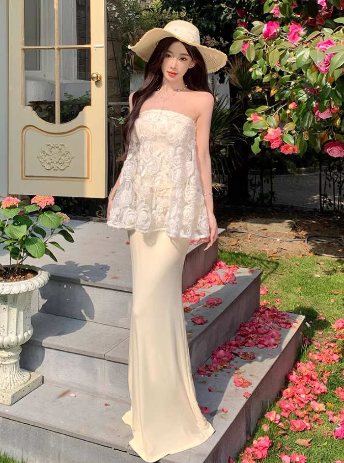 Graceful Cream Lace Splicing Evening Mermaid Maxi Dress Chic Satin Fabric Skirt Long Dress AP1230