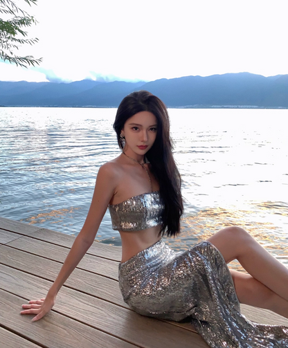 Y2K Sexy Silver Sequins Design Party Mermaid Maxi Dress Chic Two-Piece High-Slit Long Dress AP1231