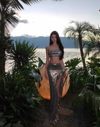 Y2K Sexy Silver Sequins Design Party Mermaid Maxi Dress Chic Two-Piece High-Slit Long Dress AP1231