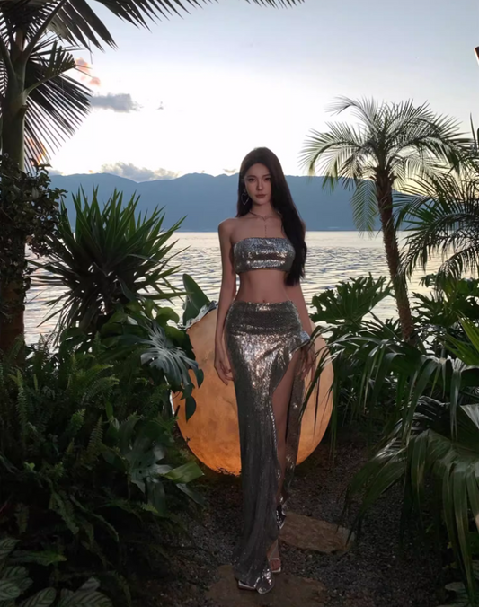 Y2K Sexy Silver Sequins Design Party Mermaid Maxi Dress Chic Two-Piece High-Slit Long Dress AP1231