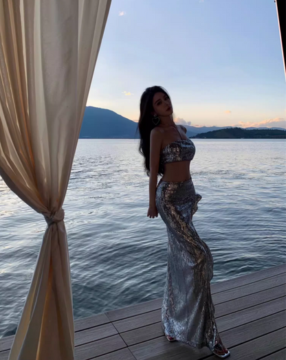 Y2K Sexy Silver Sequins Design Party Mermaid Maxi Dress Chic Two-Piece High-Slit Long Dress AP1231